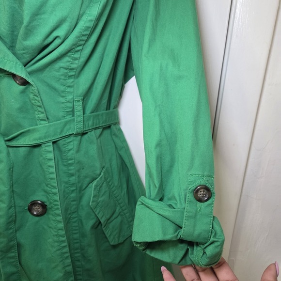 Old Navy Kelly Green Trench Coat Jacket Women Medium Belted Double Breasted - Picture 3 of 8